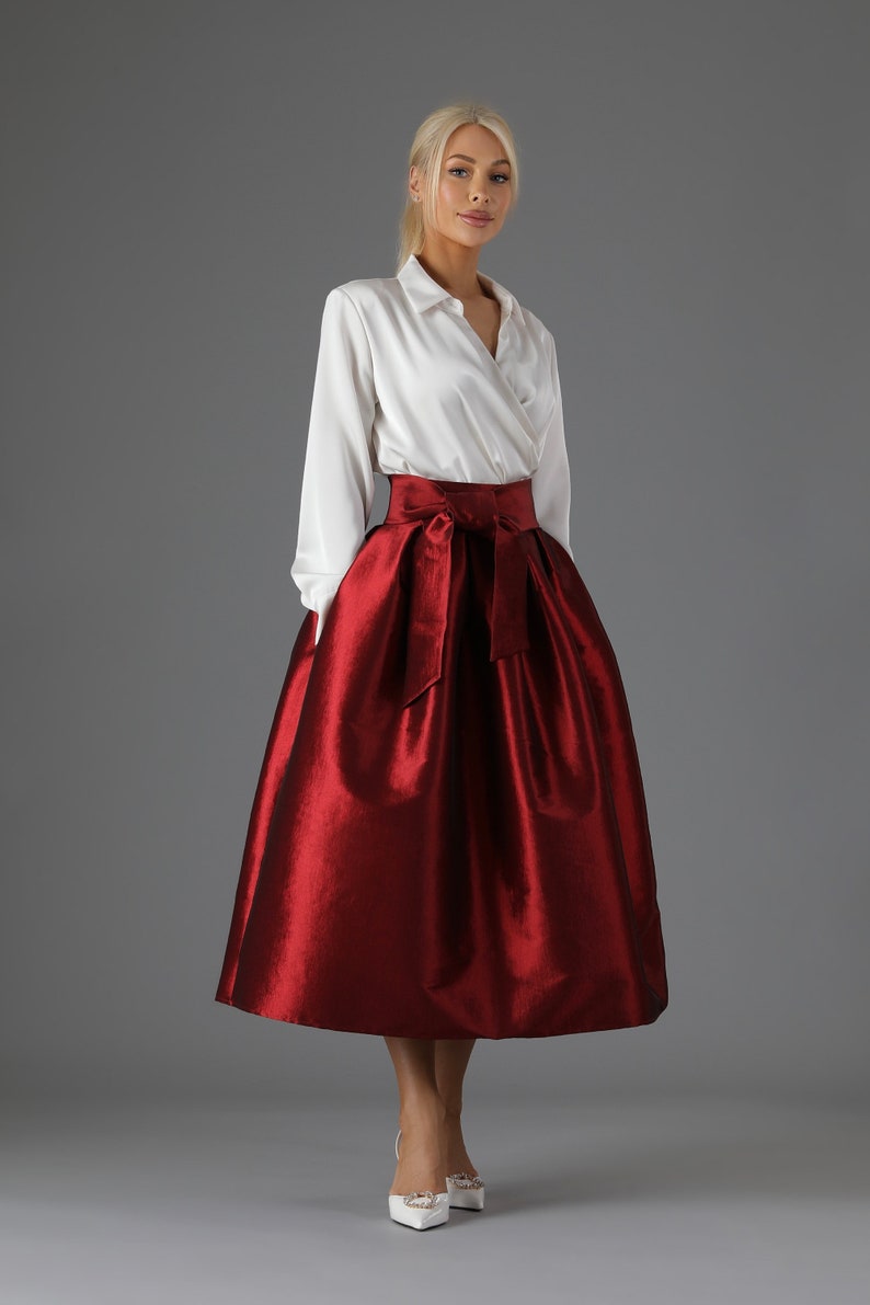 Skarut Burgundy Taffeta Skirt With Pockets Skirt for Women Classic - Etsy