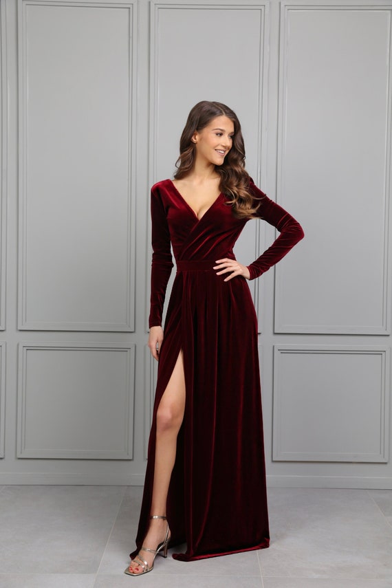 Dark Burgundy Bridesmaid Velvet Dress High Quality Fabric Dress Maxi Gown Dress Wrap V Neck Deep V Open Back Long Sleeve with High Wrap Slit