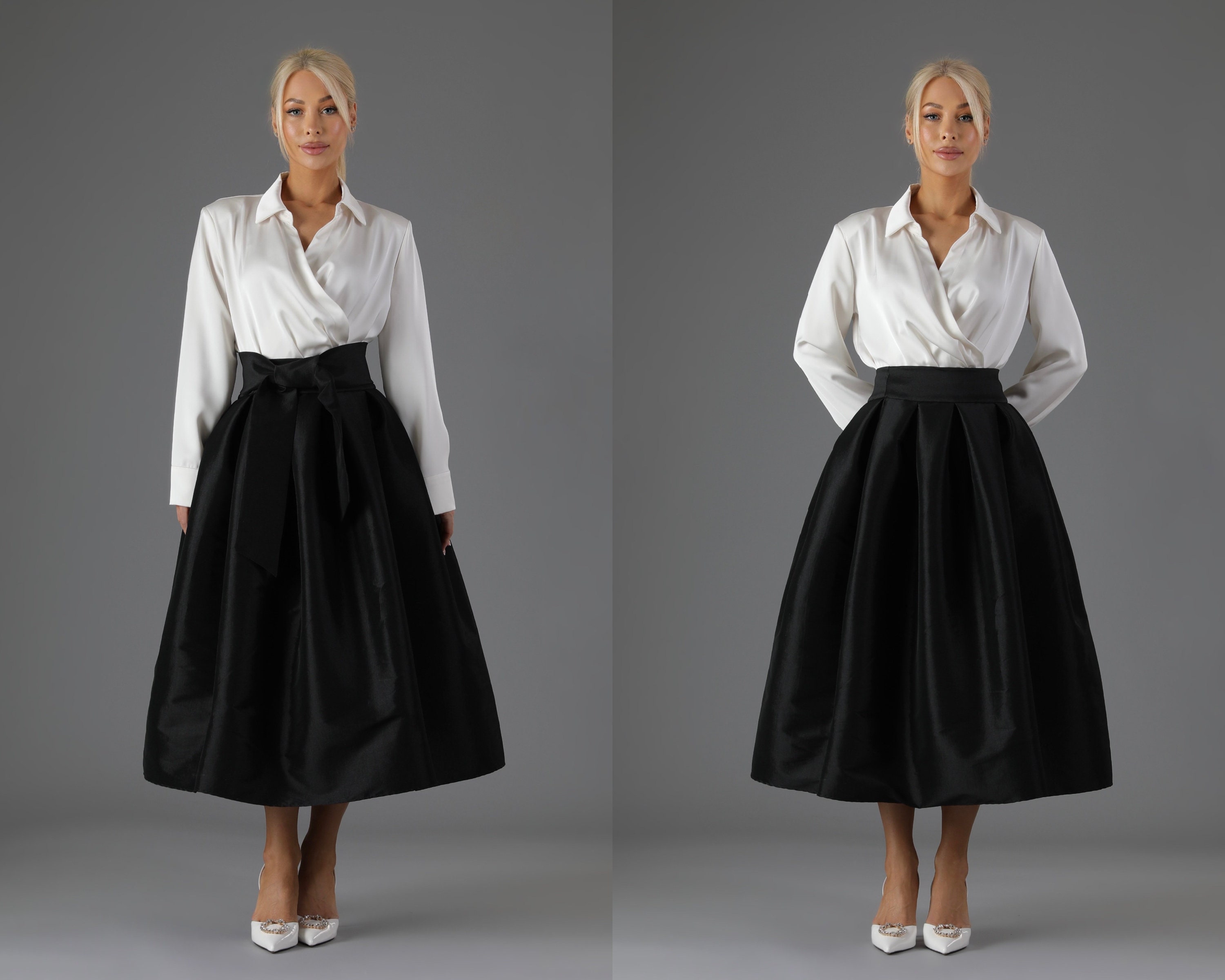 Green Taffeta Skirt With Pockets Skirt for Women Classic Skirt