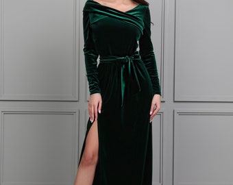 Dark Emerald Green Bridesmaid Velvet Dress, Wedding Guest