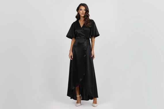 Black Satin Dress, Wrap Dress, Black Bridesmaid Dress, Wedding Guest Dress, Black Maxi Dress, Long Satin Dress, Crepe Back Satin Dress