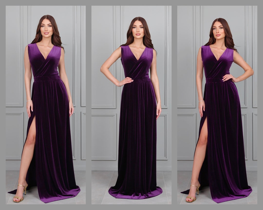 Vestido elegante de dama de honor con tirantes finos y escote en V Ciruela