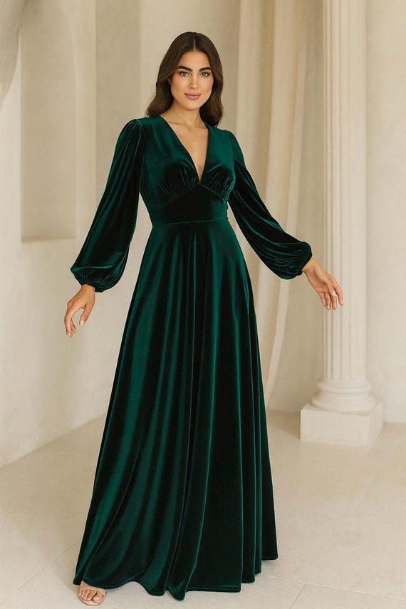 Dark Green Velvet Maxi Dress | Long Sleeve Elegant Evening Gown | Deep  V-neck Formal Velvet Dress | Winter Bridesmaid Dress