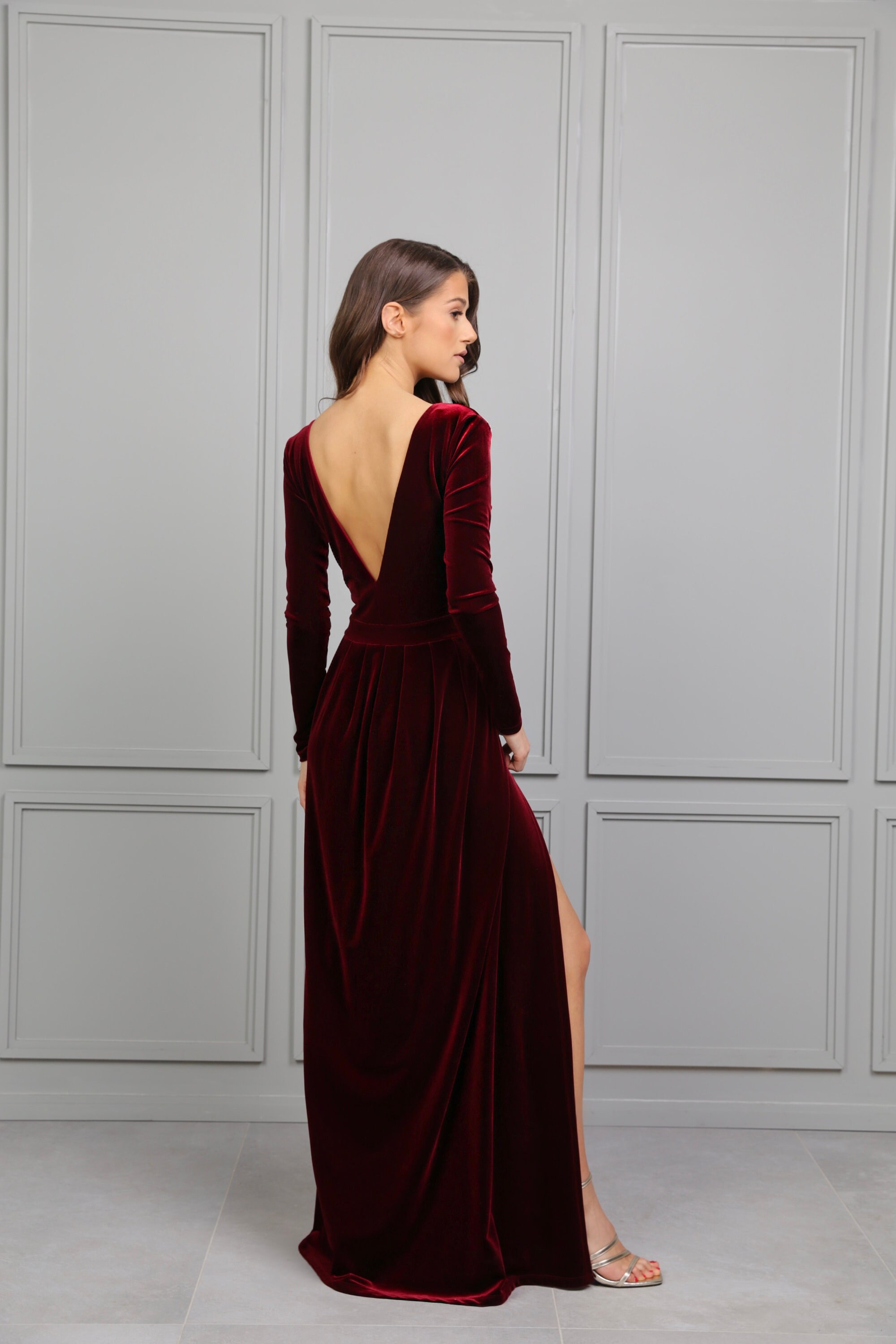 Dark Burgundy Bridesmaid Velvet Dress 