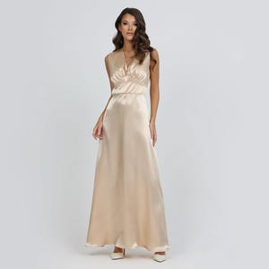 Beige Bridesmaid Dress Satin, Wedding Guest Dress, Satin Evening Dress, Long Satin Dress, Crepe Back Satin Dress, Sleeveless Dress