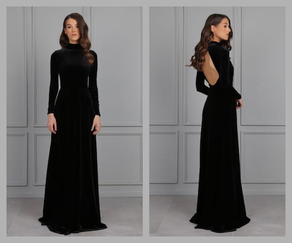 Black Bridesmaid Velvet Dress High 