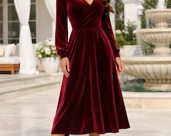 Burgundy Velvet Dress | Elegant Long Sleeve Semi Formal Midi Dress for Women | Winter Formal Outfit