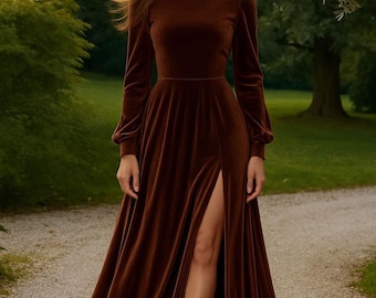 Velvet Long Bridesmaid Dress Brown, Round Neck Dress, Long Sleeve Velvet Maxi Dress, Velvet Wedding Guest Dress