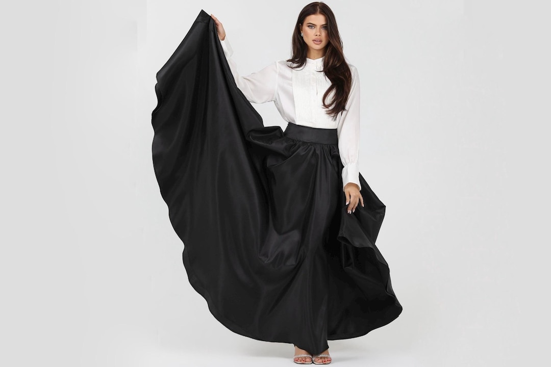 Jupe Cercle Longue En Taffetas Noir Sur Mesure - Soirée, Cocktail, Style Personnalisé