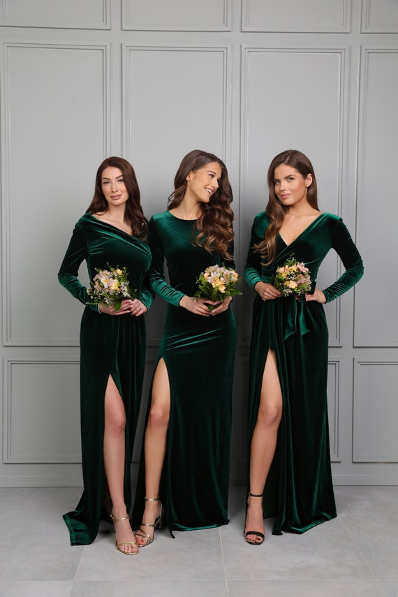 Dark Green Bridesmaid Velvet Dress High 