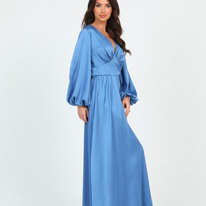 Backless Long Dress, Bridesmaid Silk Dress, Dusty Blue Dress, Long Sleeve Dress, Summer Dress, Wedding Guest Dress, Photoshoot Dress