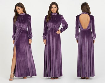 Violet Velvet Long Dress, Bridesmaid Dress, Backless Dress, High Neck Dress, Slit Dress, Formal Dress, Evening Dress, Maxi Dress