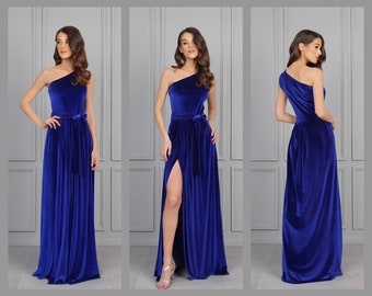 Velvet Dress, Bridesmaid Dress, Royal Blue One Shoulder Dress, High Wrap Slit Dress, Evening Gown, Maxi Dress, Reception Dress, Gown Dress