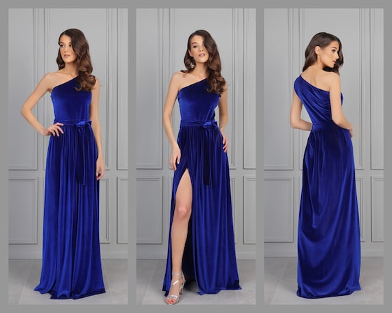 Velvet Dress, Bridesmaid Dress, Royal Blue One Shoulder Dress, High Wrap  Slit Dress, Evening Gown, Maxi Dress, Reception Dress, Gown Dress 