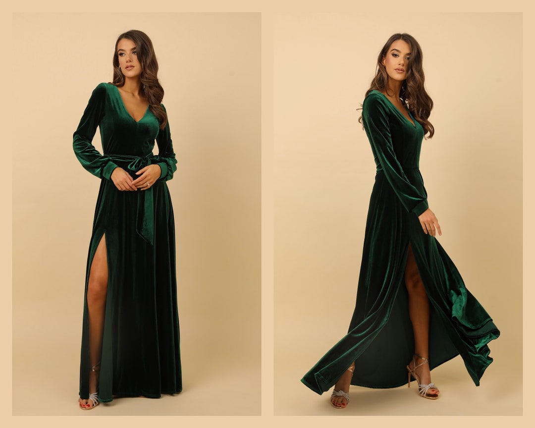 Dark Emerald Green Bridesmaid Dress, Velvet Dress, Evening Dress, Slit ...