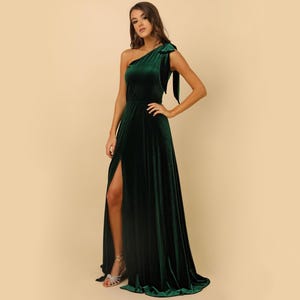 Dark Emerald Green Velvet Long Dress, Bridesmaid Dress, Evening Dress, Wedding Guest Dress, Slit Dress, One Shoulder Dress, Formal Dress