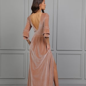 Bridesmaid Velvet Dress Sand High Quality Fabric Dress Maxi Gown Elegant Dress Low Back High Slit Ruffle Sleeves Deep V Open Back