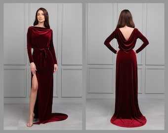 Dunkel Burgund Brautjungfer Samt Kleid Hochwertigen Stoff Kleid Luxus Meerjungfrau Kleid Kleid Maxi Cowl Zurück Zug Kleid