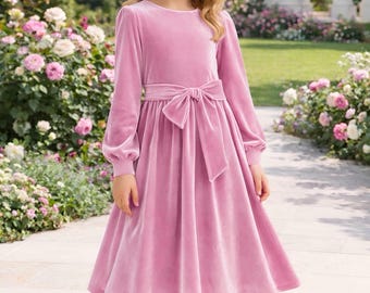 Pink Velvet Flower Girl Dress, Baby Girl Dress, Toddler Velvet Dress