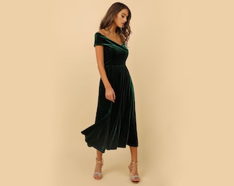 Emerald Green Velvet Midi Dress | Fit and Flare Dress | Cottagecore Flowy  Dress | Boho Wedding Guest Bridesmaid Evening Cocktail Prom Dress - Etsy