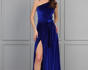 Velvet Dress, Bridesmaid Dress, Royal Blue One Shoulder Dress, High Wrap Slit Dress, Evening Gown, Maxi Dress, Reception Dress, Gown Dress