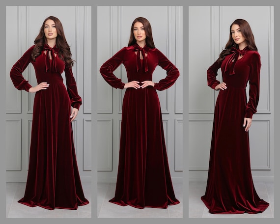 Burgundy velvet long sleeve dress hotsell