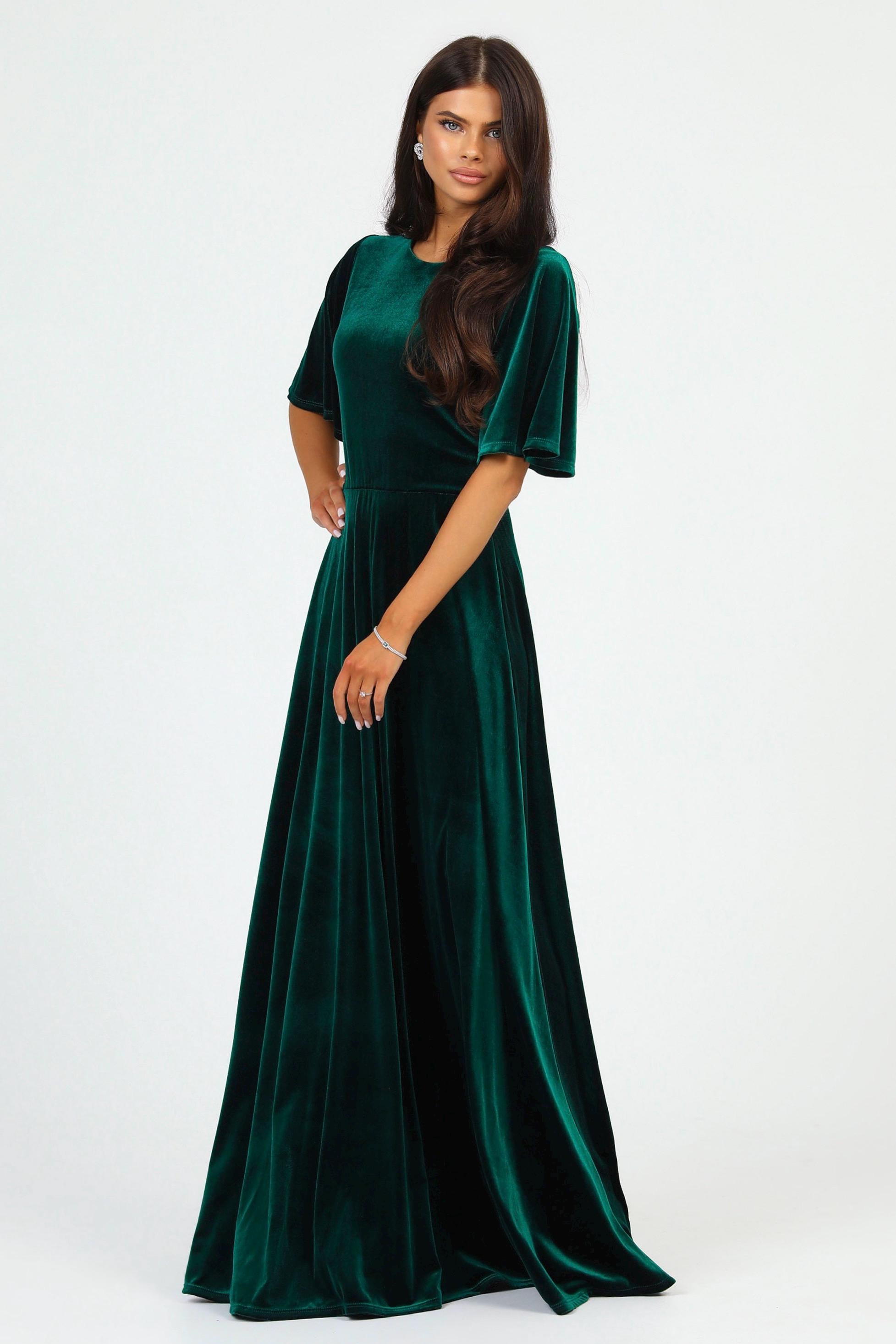 Emerald Green Velvet Long Bridesmaid Dress, Round Neck Dress, Long Sleeve Velvet Maxi Dress, Velvet Wedding Guest Dress