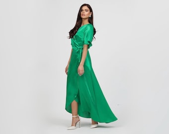 slim fit dress slacks Baltic Born Womens Krystal Satin Wrap Gown | Winter Green main image 1