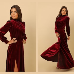 Dunkel Burgund Samt Langes Kleid, Brautjungfer Kleid, Stehkragen Kleid, Schlitz Kleid, Hochzeit Gast Kleid, Abendkleid, Maxi Kleid