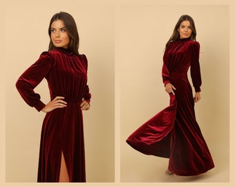 Dark Burgundy Velvet Long Dress, Bridesmaid Dress, High Neck Dress, Slit Dress, Wedding Guest Dress, Formal Dress, Evening Dress, Maxi Dress