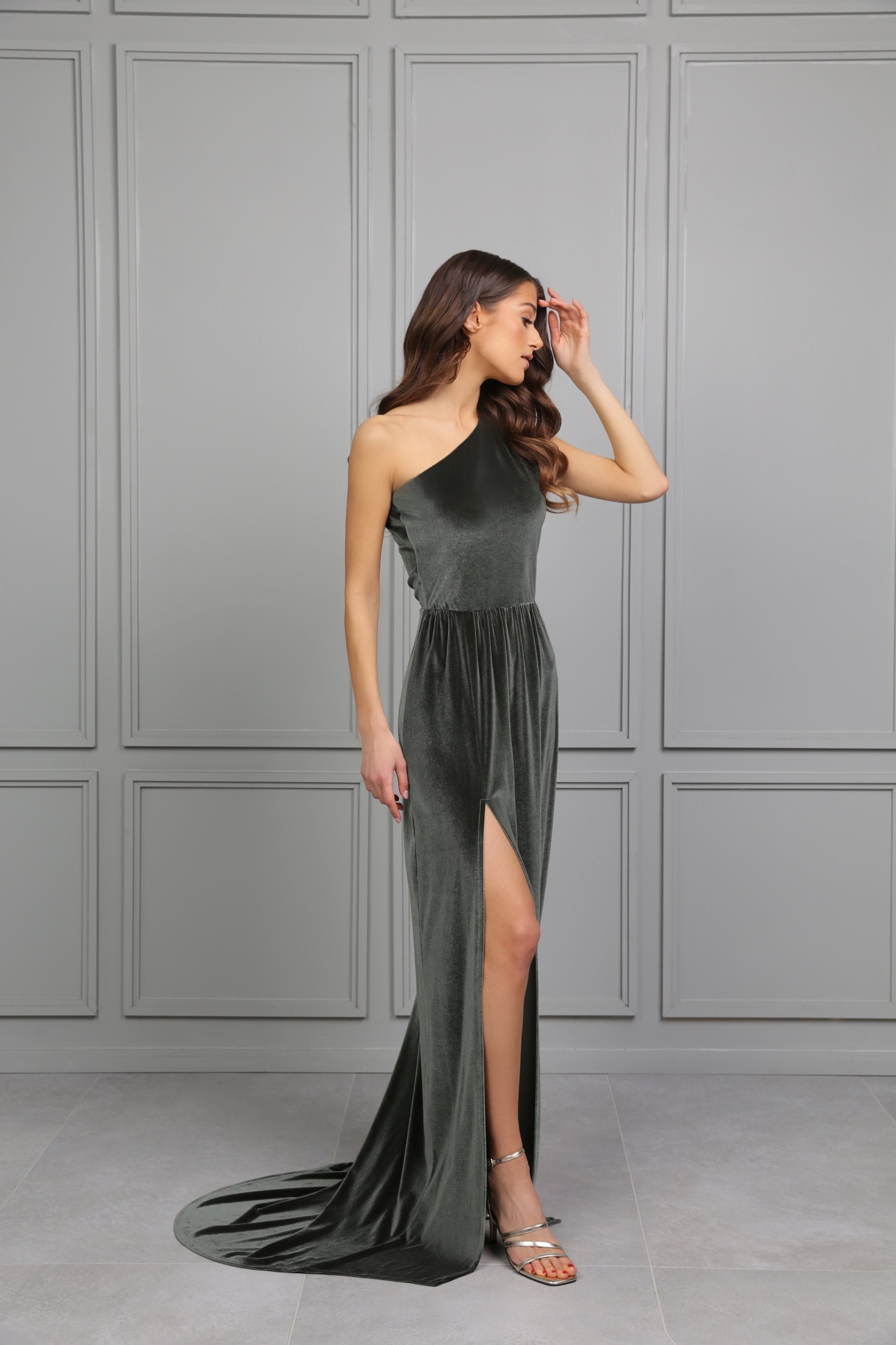 Bridesmaid Velvet Dress Dusty Sage High 