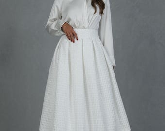 Tweed Jacquard Skirt Women, Elegant White Textured Midi Skirt - High Waist Pleated A-Line Skirt, Classy Bridal or Formal Outfit