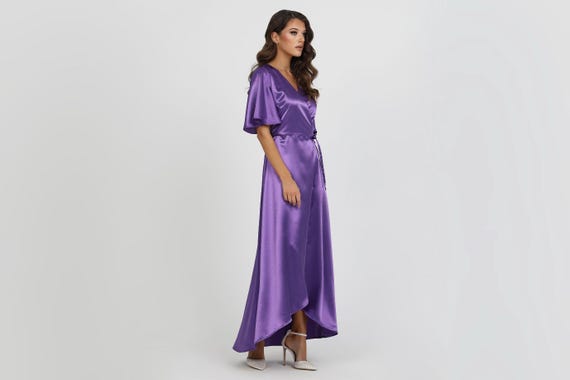 Purple Crepe Back Satin Wrap Dress, Evening Gown