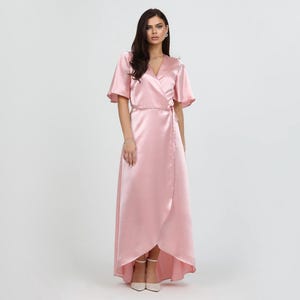 Satin Kleid, Wickelkleid, Hell Rosa Kleid, Brautjungfer Kleid, Hochzeitsgast Kleid, Maxi Kleid, Langes Satin Kleid, Crepe Back Satin Kleid