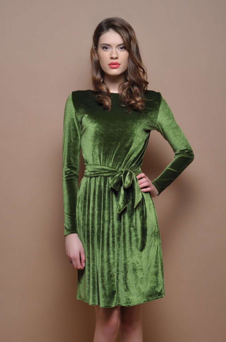 Grass Green Velvet Mini Dress Long Sleeves Pockets | Etsy