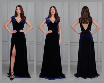 Navy Blue Dress, Bridesmaid Dress, Velvet Dress, Low Back Dress, Slit Dress, Sleeveless Dress, Wedding Guest Dress, Velvet Long Dress