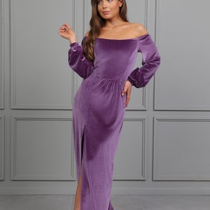 Vestido de dama de honor de terciopelo violeta, vestido con hombros descubiertos, vestido de invitada de boda, vestido de noche, vestido largo de terciopelo, vestido formal