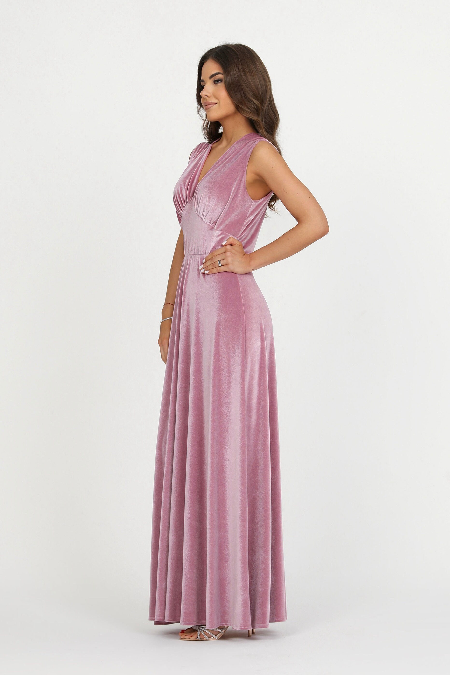 pink velvet bridesmaid dress Column Square Neck Velvet Bridesmaid Dresses with Slit