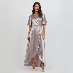 Bridesmaid Dress Satin, Wrap Dress, Taupe Dress, Wedding Guest Dress, Satin Evening Dress, Long Satin Dress, Crepe Back Satin Dress