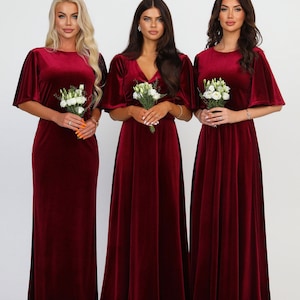 Dunkelrotes Brautjungfernkleid, Samtkleid, langes Samtkleid, Hochzeitsgastkleid, formelles Kleid, Abendkleid, Maxikleid, Hochzeitskleid