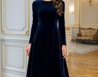 Navy Velvet Midi Dress, Long Sleeve Elegant Winter Dress, Formal Evening Party Outfit