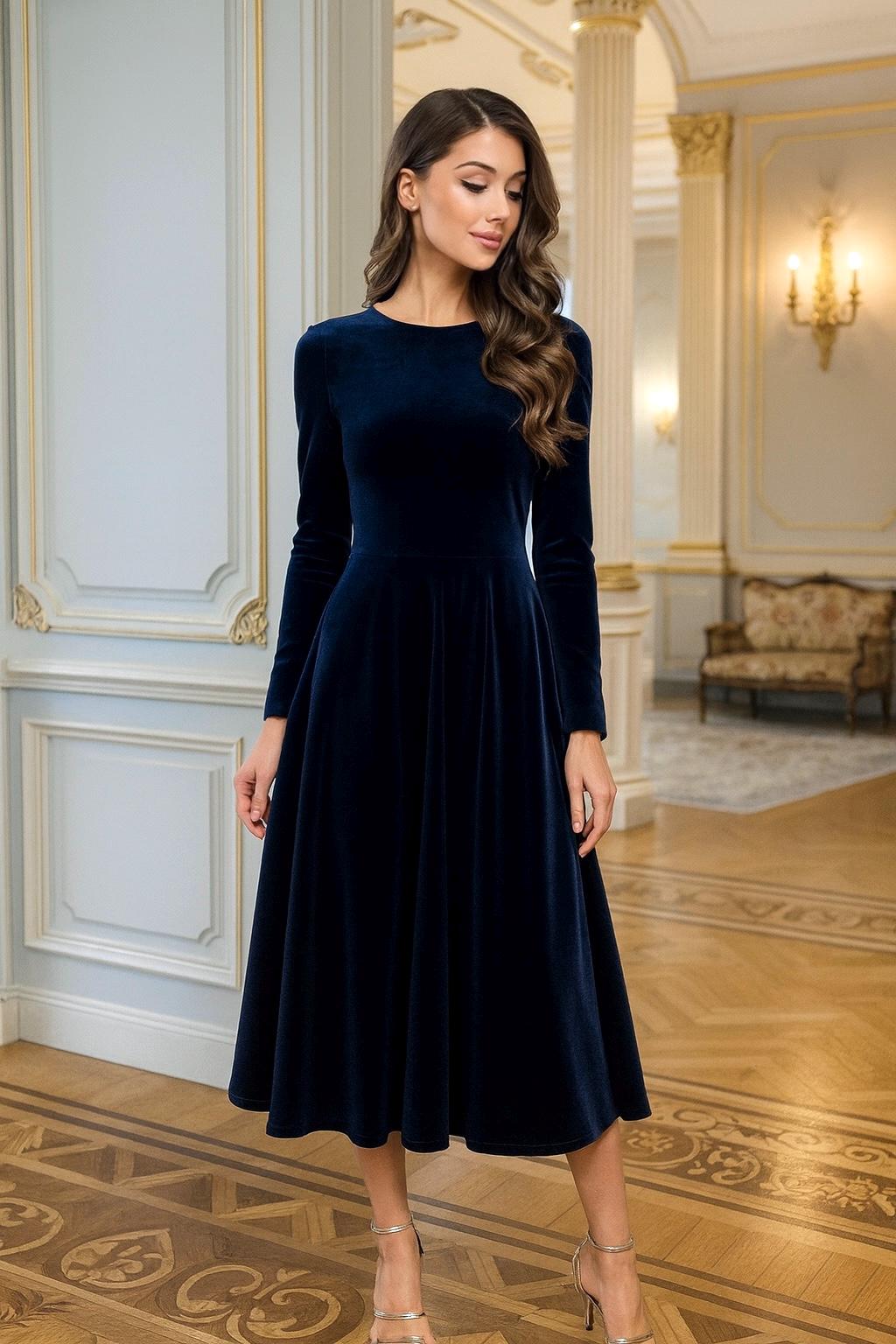 chinese dress ladies Velvet Puff Sleeve Dress Blue / M main image 1