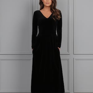 Robe en velours noir, Robe midi avec poches, Robe de soirée, Robe d'invitée de mariage, Robe de cocktail, Robe de soirée, Robe de demoiselle d'honneur, Robe élégante