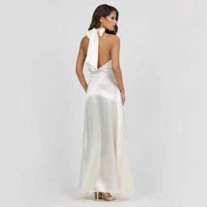Ivory White Satin Dress, Ivory White Cocktail Dress, Ivory White Summer Dress, Long Ivory White Dress, Backless Satin Dress, Halter Dress