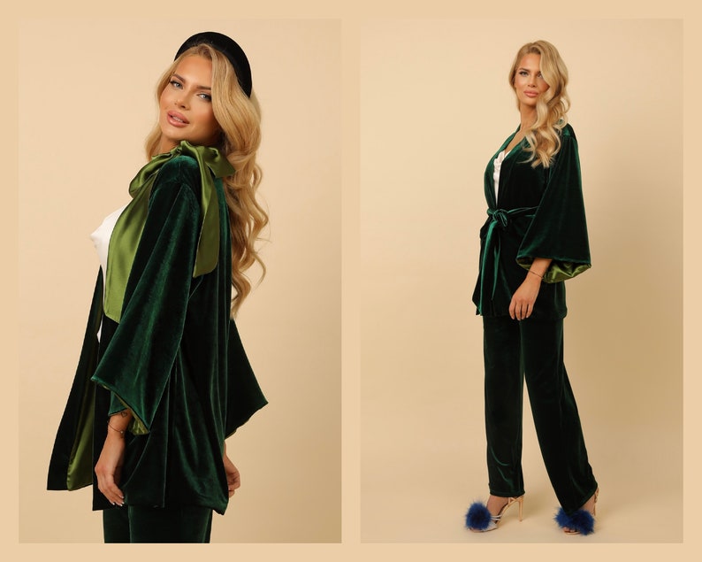 Velvet Pantsuit Dark Green Contrast Satin Lining Flare Sleeves Etsy
