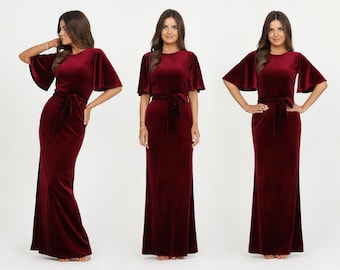 Burgundy Velvet Long Dress, Bridesmaid Dress, Wedding Guest Dress, Formal Dress, Evening Dress, Maxi Dress, Pencil Dress