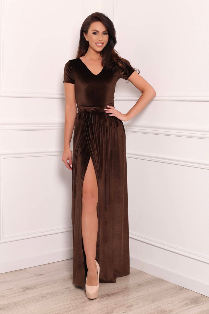 Brown Velvet Bridesmaid Maxi Elegant Dress V Neck Slit Short Etsy