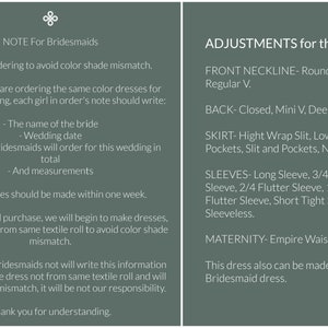 May include: A guide for bridesmaids on how to order dresses to avoid colour shade mismatch. The guide includes instructions on what information to include in the order, such as the bride's name, wedding date, and the number of bridesmaids. It also includes information about adjustments that can be made to the dress, such as neckline, sleeve length, and skirt style.