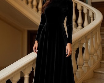 Semi Formal Midi Dress, Black Velvet Midi Dress, Long Sleeve Elegant Winter Dress, Formal Evening Party Outfit