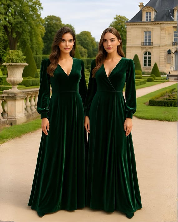 Emerald Green Velvet Long Bridesmaid Dress, V Neck Dress, Long Sleeve Velvet  Maxi Dress, Velvet Wedding Guest Dress - Etsy Israel